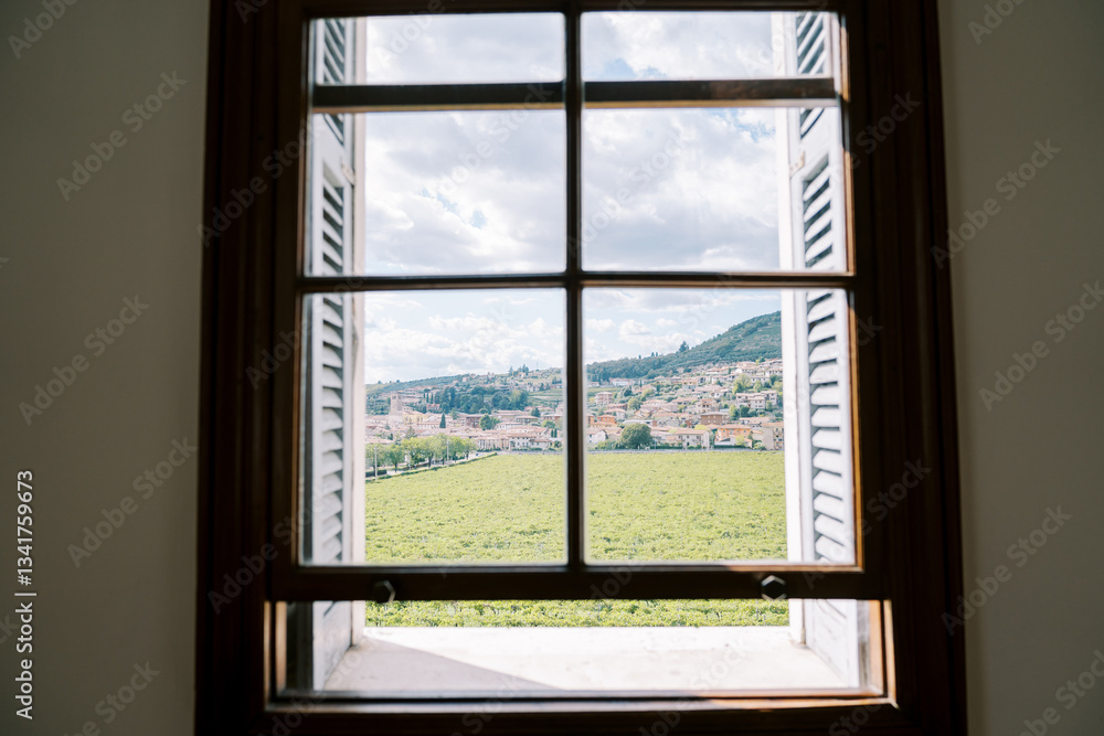Fototapeta premium View from the window of green vineyards and a settlement at the foot of the mountains