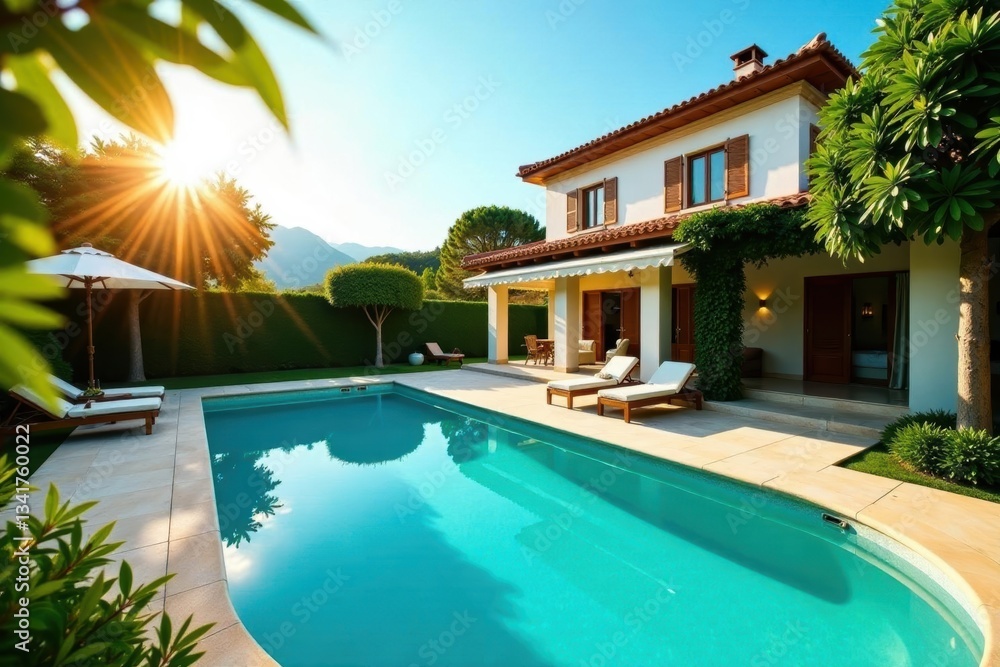 Fototapeta premium Sun-drenched villa, sparkling pool, lush garden, holiday, pool