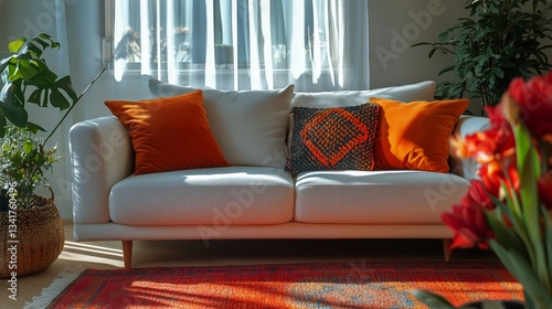 Cozy Living Room With a Modern Sofa and Vibrant Decor in Natural Light