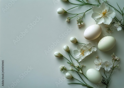 Fresh Eggs Surrounded by Delicate Flowers on a Soft Background in Natural Light