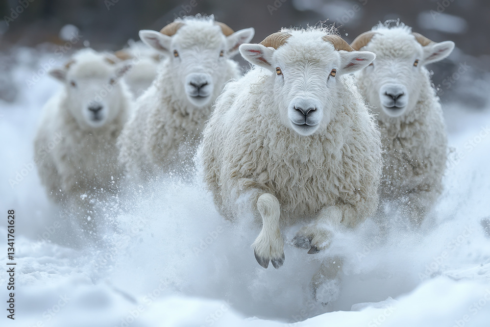 Fototapeta premium A group of sheep are running through the snow