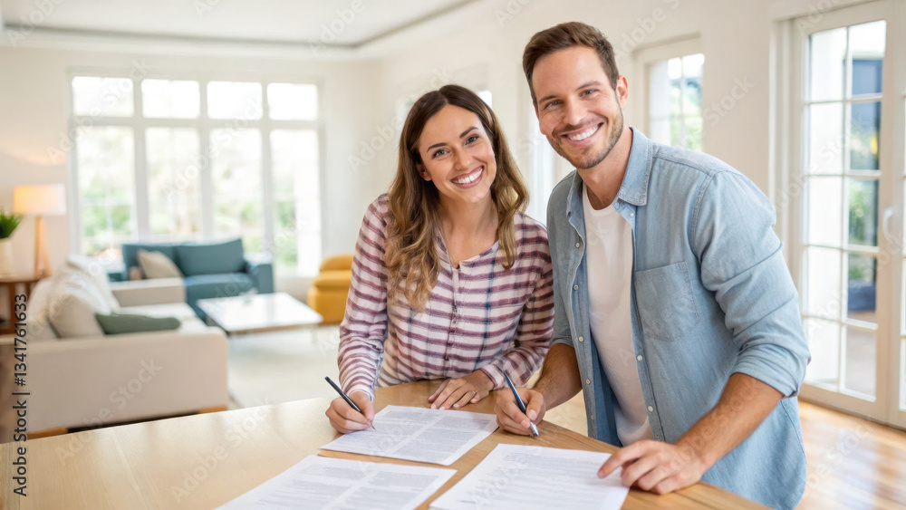 Obraz premium Happy couple signing real estate documents in bright, modern living room, showcasing their excitement for new home