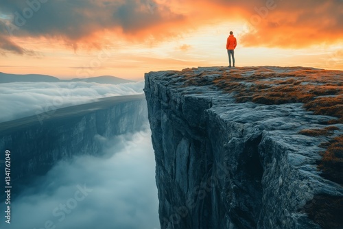 Majestic View From Cliff Edge at Sunset With Hiker Gazing Over Vast Landscape...