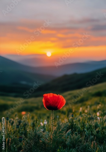Vibrant Red Poppy Stands Tall Against a Stunning Sunset in a Serene Landscape