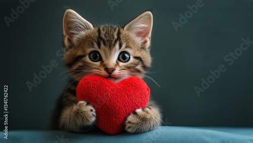 Cute Kitten Holding a Red Heart Plush Toy Against a Dark Background