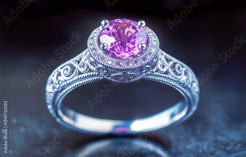 Intricate Vintage Ring Featuring Amethyst and Diamonds in a Shimmering Golden...