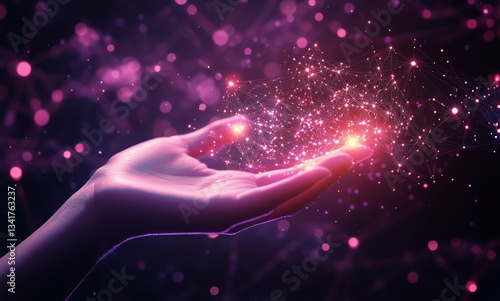 Hand Holding Glowing Particles in a Colorful Digital Space at Night