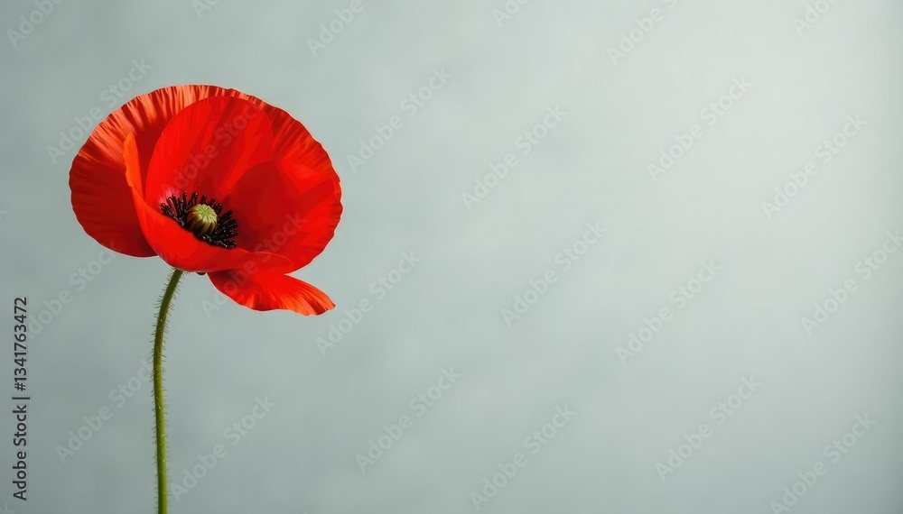 Fototapeta premium Single red poppy bloom against a neutral grey background, poppy, red