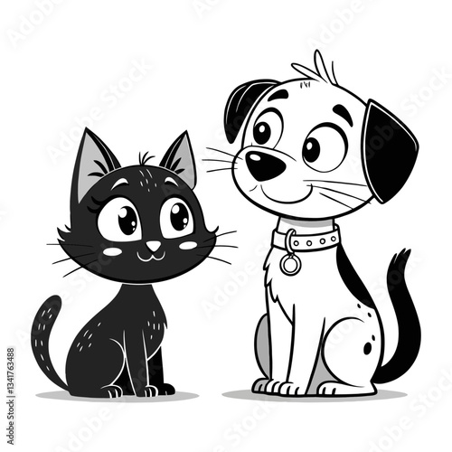 Friendly Cartoon Cat and Dog Friends