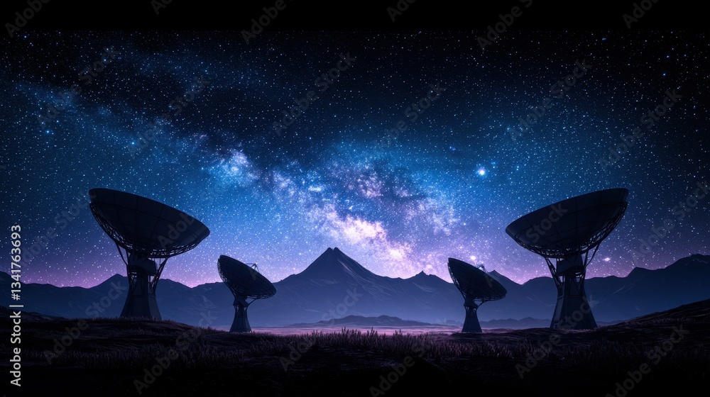 Multiple satellite dishes in an isolated desert, pointed toward the sky, under a breathtaking Milky Way, representing deep space exploration and connectivity. Multiple satellite dishes in an isolated desert, pointed toward the sky, under a breathtaking Milky Way, representing deep space exploration and connectivity.