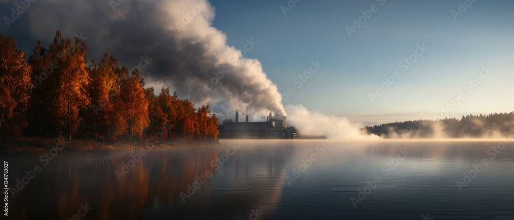 Obraz premium Autumn Fog Over Lakeside Factory