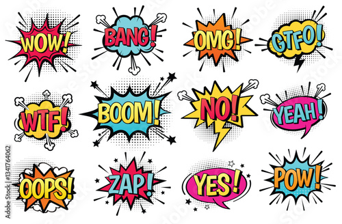 Comic cartoon speech bubble vector set with text: Wow, Bang, Omg, Gtfo, Boom, Yeah, Pow, Zap, Wtf, Yes, No, Oops. Burst stickers, different emotions isolated on white background, halftone black dots
