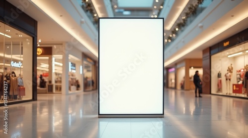 Fototapeta Naklejka Na Ścianę i Meble -  Close-up of a shopping mall with a large blank ad display, sharp minimalist design, warm palette, reflective floor, soft visitor bustle
