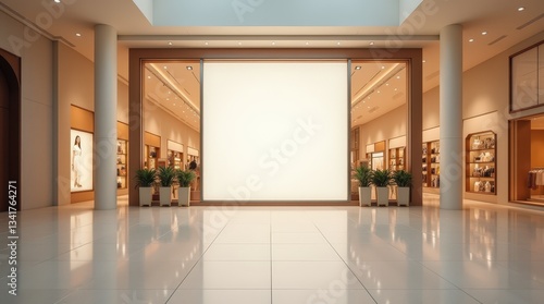 Fototapeta Naklejka Na Ścianę i Meble -  Close-up of a shopping mall with a large blank ad display, sharp minimalist design, warm palette, reflective floor, soft visitor bustle