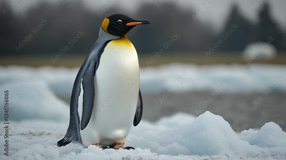 Fototapeta premium Emperor Penguin Standing on Ice with Calm Water Background in Natural Habitat