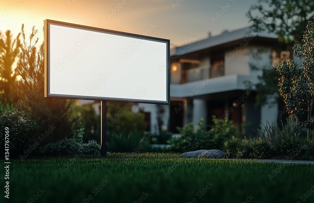 Fototapeta premium Blank Signpost in Front of Modern House Surrounded by Greenery During Daytime