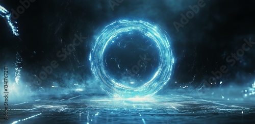 Bright Blue Digital Vortex With Glowing Circular Patterns and Streaming Light Effects in Dark Space
