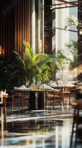 Elegant Dining Area With Lush Greenery in a Modern Restaurant During the Day