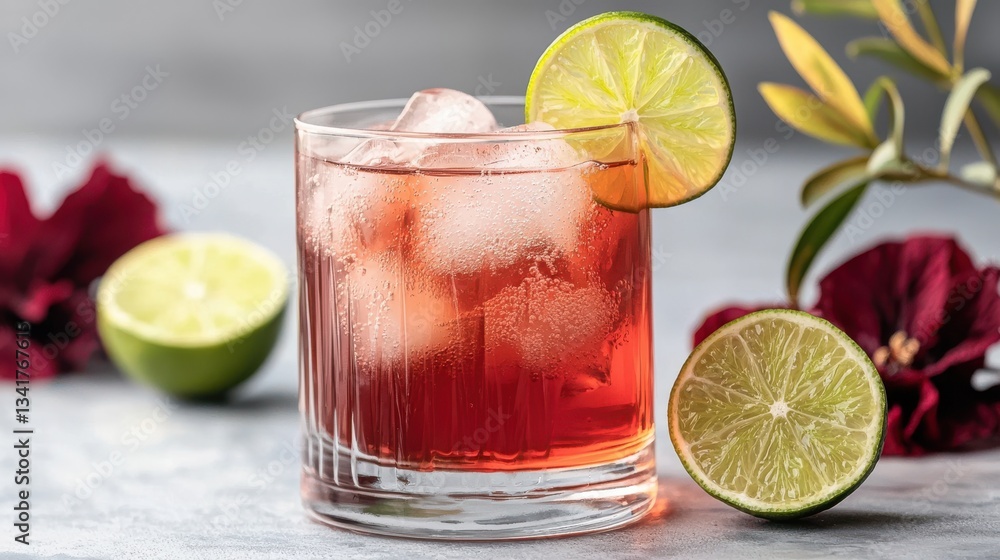 Refreshing Red Cocktail with Lime Garnish Served in Elegant Glassware Refreshing Red Cocktail with Lime Garnish Served in Elegant Glassware