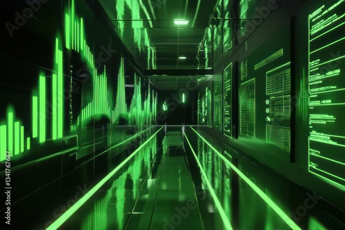 Futuristic data corridor with glowing green graphs and digital displays