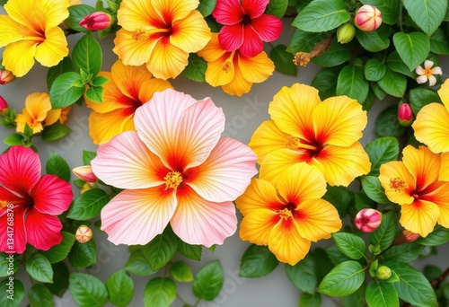 Wallpaper Mural Vibrant hibiscus blossoms arranged in a continuous border, showcasing diverse colors and bloom stages, summer, nature Torontodigital.ca