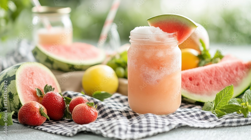Refreshing Glass of Watermelon Juice with Straw in Bright Summer Setting Refreshing Glass of Watermelon Juice with Straw in Bright Summer Setting