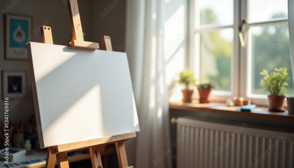 Blank canvas on wooden easel in daylight-filled art studio Blank canvas on wooden easel in daylight-filled art studio