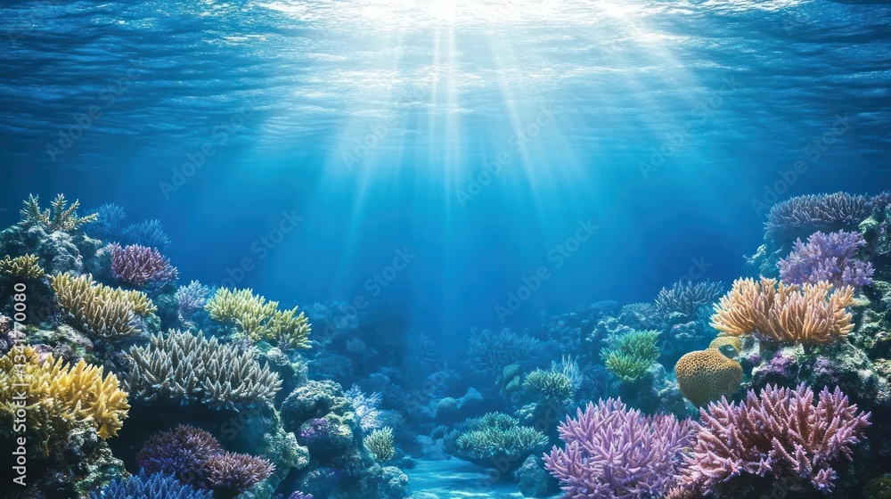 Fototapeta premium Colorful coral reef underwater with sunlight streaming through water