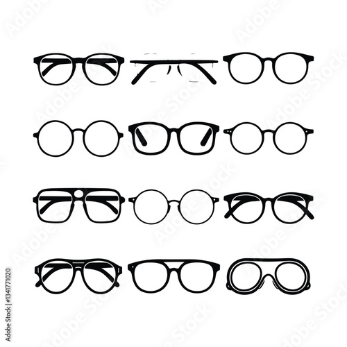 Sunglass silhouette icon set vector on white background set of black sunglasses and glasses silhouettes A set of glasses isolated. Vector glasses model icons. Sunglasses, glasses, isolated on white si