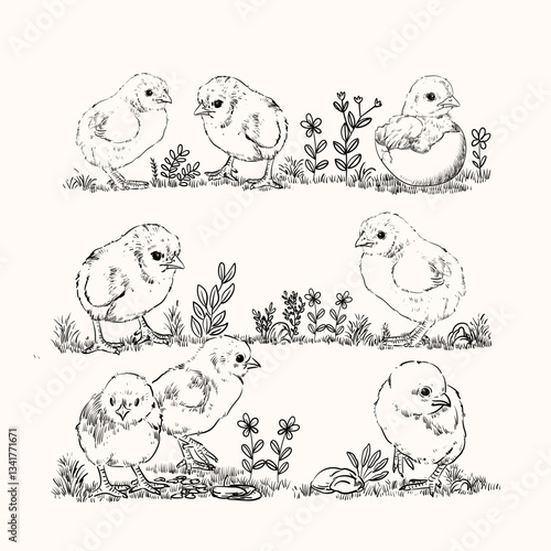 Hand drawn sketch little chickens set vector illustration. cute baby chicks drawing collection engraved retro style.