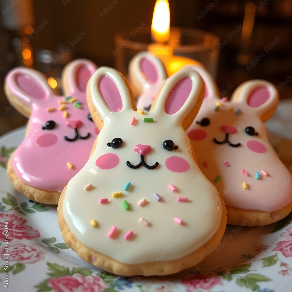 A close-up shot of adorable bunny-shaped cookies decorated with colorful icing and sprinkles, perfect for Easter celebrations. The cookies are beautifully arranged on a floral plate with soft lighting A close-up shot of adorable bunny-shaped cookies decorated with colorful icing and sprinkles, perfect for Easter celebrations. The cookies are beautifully arranged on a floral plate with soft lighting