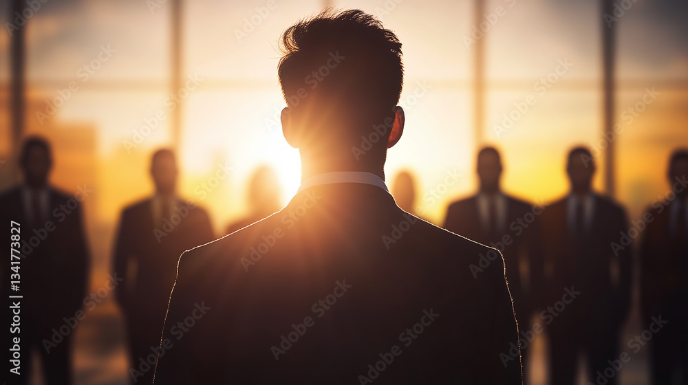 Fototapeta premium Conceptual image of leadership, teamwork and teambuilding. Businessman standing in front of a group of people