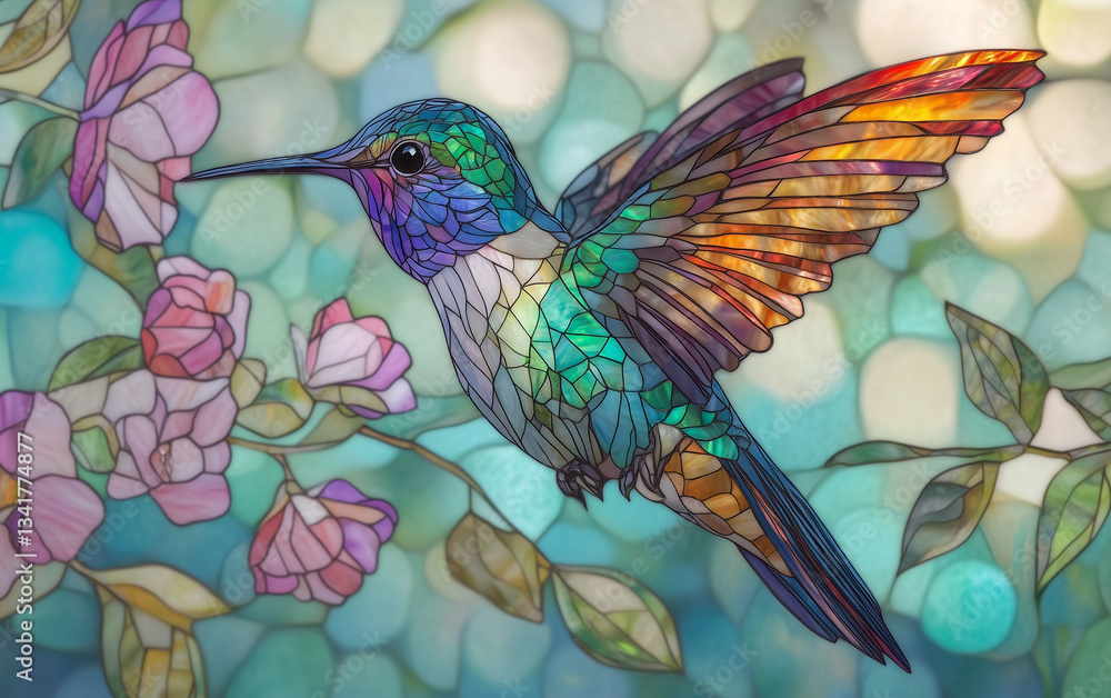 Fototapeta premium Stained Glass Style Hummingbird with Flowers Illustration on Bokeh Background