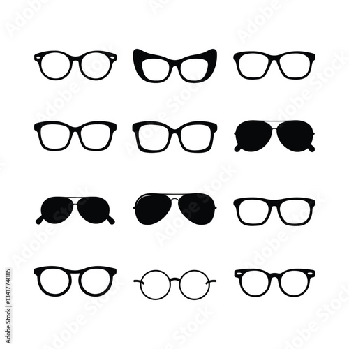 Sunglass silhouette icon set vector on white background set of black sunglasses and glasses silhouettes A set of glasses isolated. Vector glasses model icons. Sunglasses, glasses, isolated on white si