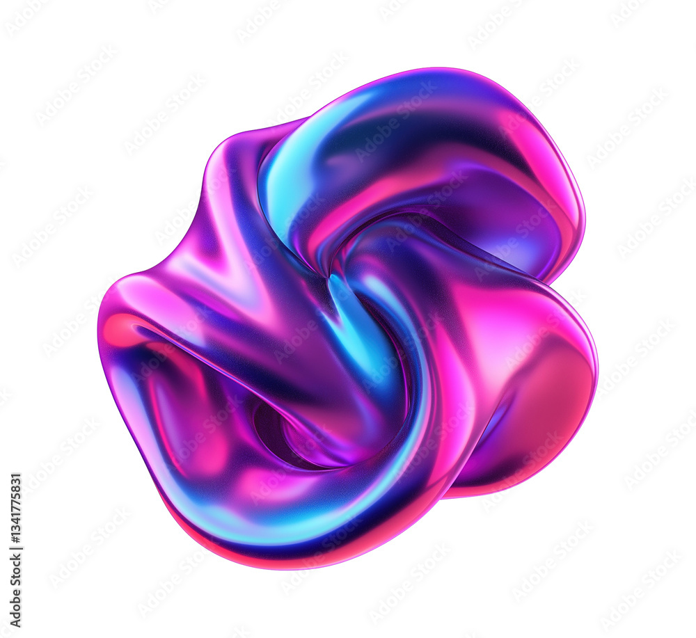 Abstract metallic fluid shape with neon glow transparent image. Dynamic modern sculpture isolated cutout 3d render. Futuristic artistic visual effect cut out clipart design element png