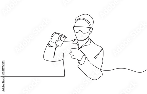 Continuous one line drawing of female scientist researching antibiotic formula using microscope, Single line art illustration of scientist and laboratory equipment Set. Editable vector.