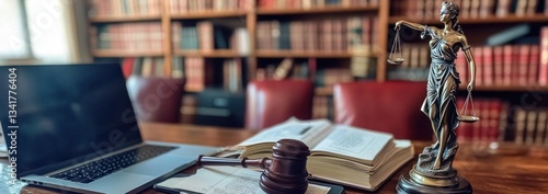 Law office, books, laptop, gavel, justice statue