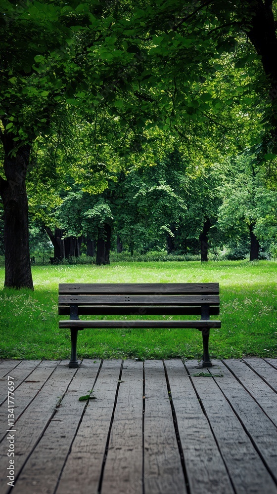 Serene park bench surrounded by lush greenery in a tranquil setting Serene park bench surrounded by lush greenery in a tranquil setting