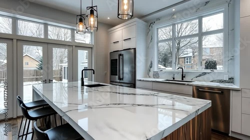 Modern kitchen design featuring elegant marble countertops and large windows on a snowy day