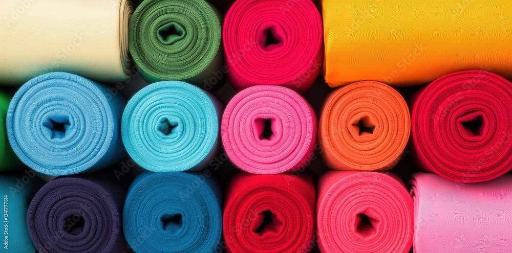 Colorful rolled fabrics arranged neatly, showcasing a vibrant spectrum of hues, perfect for crafting or interior design projects. Colorful rolled fabrics arranged neatly, showcasing a vibrant spectrum of hues, perfect for crafting or interior design projects.