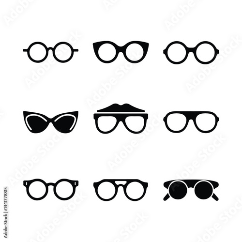 Sunglass silhouette icon set vector on white background set of black sunglasses and glasses silhouettes A set of glasses isolated. Vector glasses model icons. Sunglasses, glasses, isolated on white si