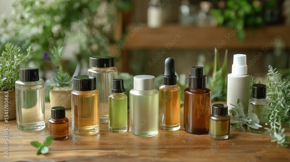 Diverse collection of essential oils and natural extracts displayed on a wooden table in a botanical setting Diverse collection of essential oils and natural extracts displayed on a wooden table in a botanical setting