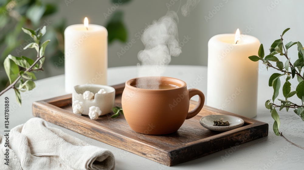 Warm Candlelight and Cozy Cup on Elegant Tray Creating Inviting Atmosphere Warm Candlelight and Cozy Cup on Elegant Tray Creating Inviting Atmosphere