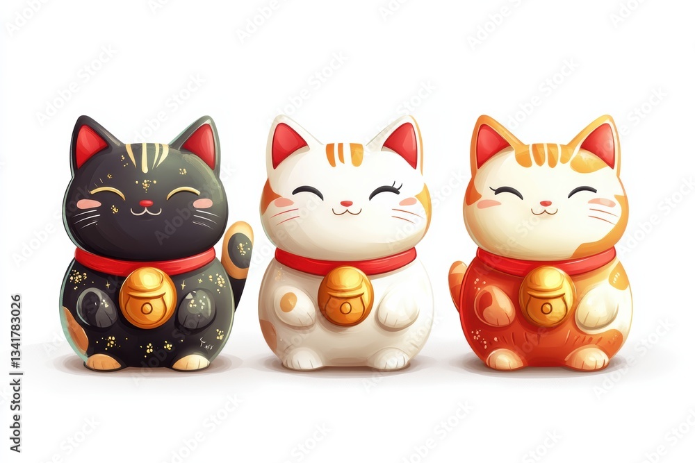 Fototapeta premium Three adorable Maneki-neko figurines.