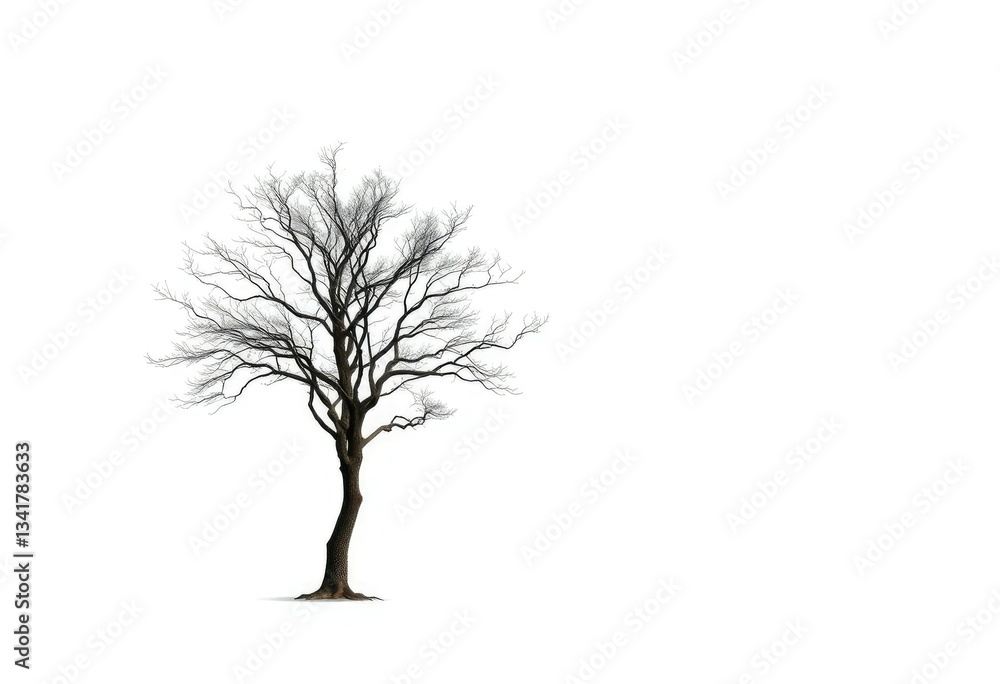 Fototapeta premium A lone tree stands stark against a pure white backdrop, horizontal, leaf