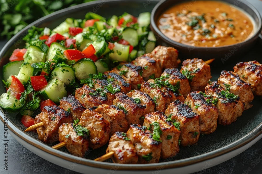 Enjoying Traditional Grilled Satay Skewers With Peanut Sauce and Fresh Cucumber Salad in a Cozy Dining Setting Enjoying Traditional Grilled Satay Skewers With Peanut Sauce and Fresh Cucumber Salad in a Cozy Dining Setting