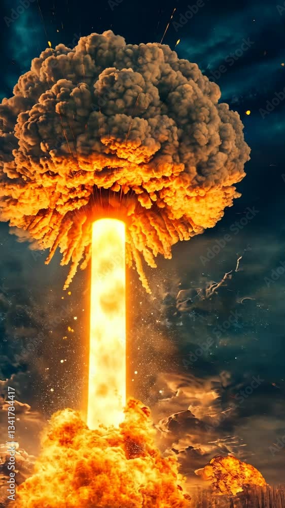 Powerful explosion fills the sky with fire and smoke during a dramatic ...