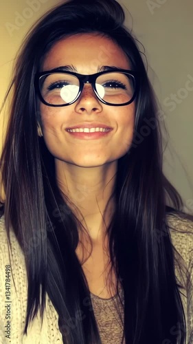 Wallpaper Mural Smiling young woman with long hair and glasses in a cozy indoor setting during the evening Torontodigital.ca