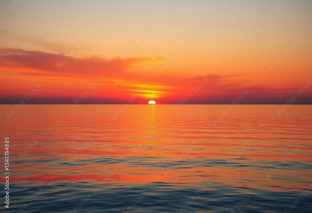 Obraz premium Fiery orange and purple sunset reflecting on calm Lake Michigan waters, photography, golden hour