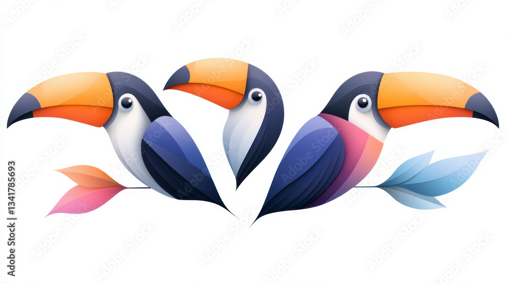 Naklejka premium Family of toucans in pastel tones, gentle geometric shapes emphasizing harmony and joy,